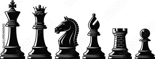 Classic chess pieces silhouettes king queen knight bishop rook and pawn board game strategy vector illustration isolated set