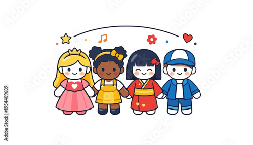 Diverse children illustration with cartoon kids in different outfits and accessories