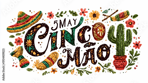 Cinco de Mayo vector illustration with sombrero, cactus, and floral elements