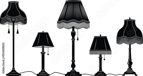 Classic vintage floor and table lamp silhouettes with decorative fabric shades elegant interior lighting fixtures isolated vector illustration set