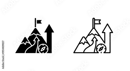 Mountain summit icon with compass and growth arrows set