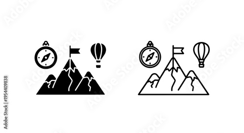 Mountain peak summit icon with compass and hot air balloon set