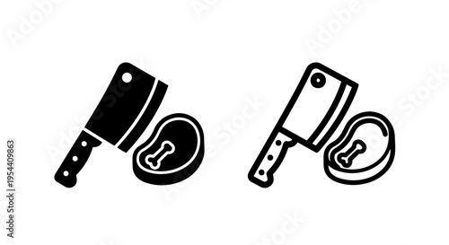 Butcher cleaver and meat steak icon: kitchen knife and raw protein symbol