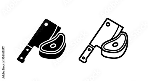 Butcher cleaver and round meat cut icon: steak and kitchen knife symbol
