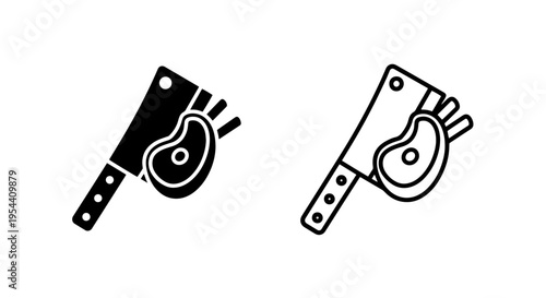 Butcher cleaver and bone-in meat steak icon: raw protein food symbol