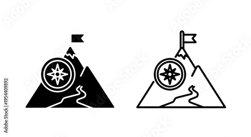 Mountain goal with compass icon: navigation and achievement journey symbol