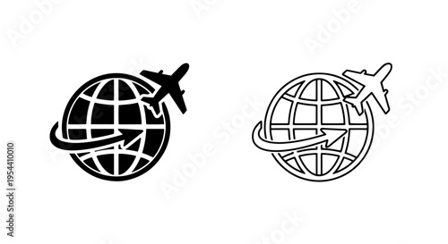 Global air travel and worldwide logistics icon with airplane circling earth globe symbol