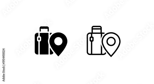 Travel destination and luggage location tracking icon with suitcase and map pin symbol