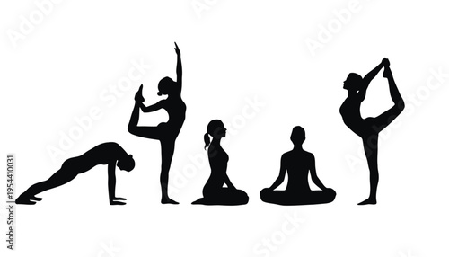 Yoga silhouette illustration of five people in various poses on white background