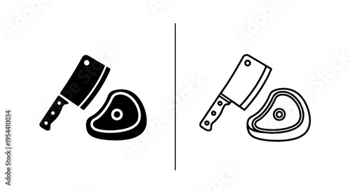 Butcher meat cleaver knife and raw steak cut outline icon for food preparation and cooking
