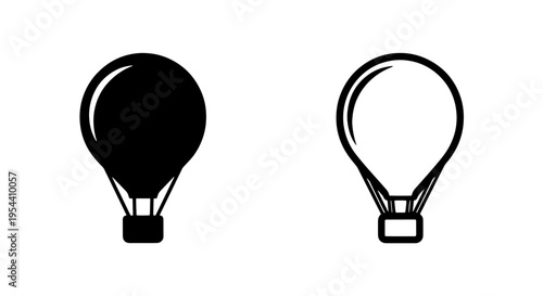 Hot air balloon travel icon set: solid and outline styles for adventure & journey