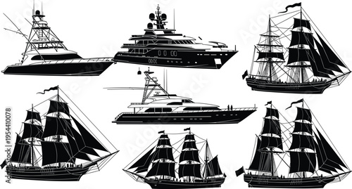 Collection of sailing ships yachts and pirate ships silhouettes nautical maritime vessels boat transport vector illustration isolated set
