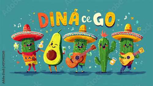 Set of 5 colorful Mexican food characters vector