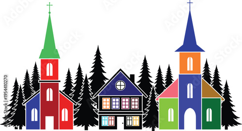 Colorful village houses and churches with pine trees skyline cartoon town landscape vector illustration for holiday winter design