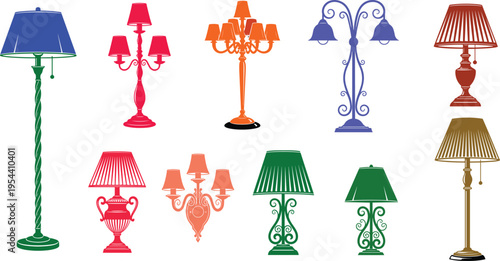 Colorful vintage table floor and wall lamp icons collection decorative lighting fixtures isolated vector illustration set for interior design