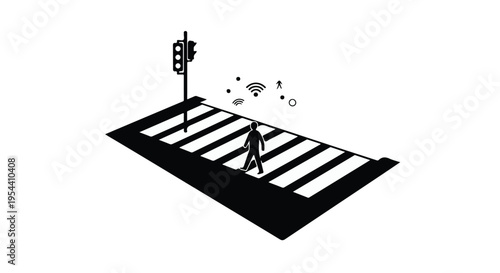 Pedestrian crosses a smart city street with digital connectivity symbols overhead.