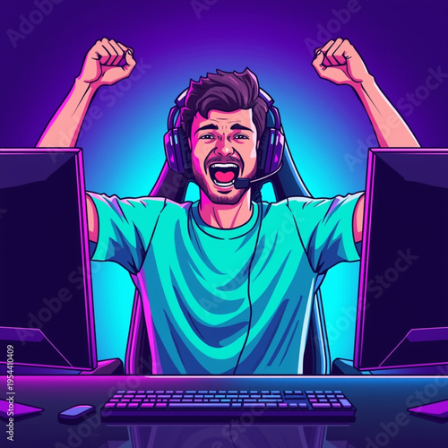 A man sitting at a desk with two computer monitors and a keyboard