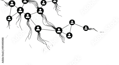 Connected user icons form a complex network structure with flowing lines.