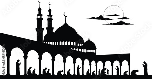 Black silhouette of people praying in front of a mosque with domes and minarets