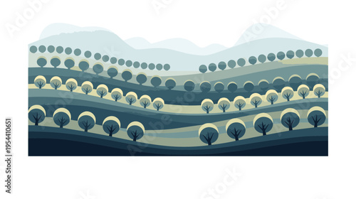 Rolling hills with trees and mountains in the background landscape scene