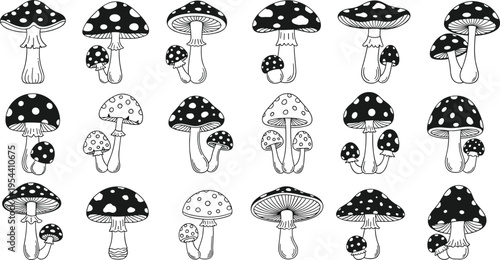 Collection of black and white cartoon style mushrooms with polka dots and spots fungi