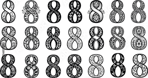 Collection of decorative black and white number 8 with floral and leaf motifs digit eight