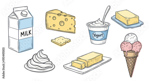 Dairy Products Assortment: Milk, Cheese, Yogurt, Butter, Ice Cream, Cream