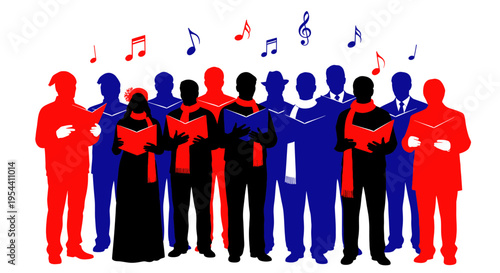 Diverse Choir Singing Festive Carols with Music Notes