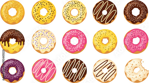 Collection of fifteen colorful iced donuts with sprinkles and drizzles on a white background