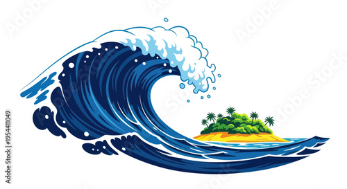 Giant Wave Crashing Towards Small Tropical Island Paradise