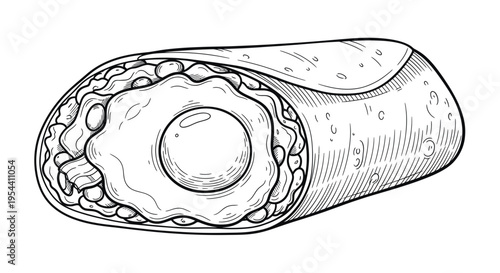 Hand-drawn illustration of a breakfast burrito with egg, beans, and bacon