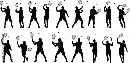 Tennis player silhouettes in various action poses with balls and rackets