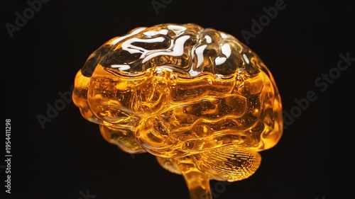 Glass brain golden liquid transparent sculpture creative shiny modern abstract art black background, closeup of artistic transparent glass brain