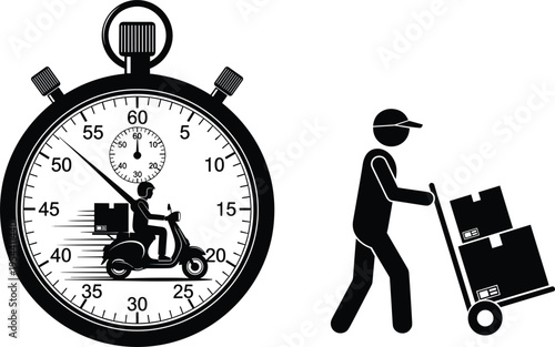 Express delivery scooter with stopwatch, fast shipping concept vector illustration, manual hand truck courier pushing boxes, contrasting delivery speed methods design