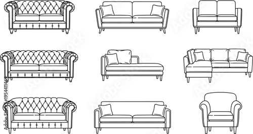 Modern and classic sofa furniture line icons set including couch armchair chaise lounge sectional seating vector illustration collection