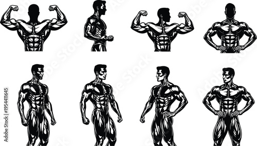 Muscular male bodybuilder anatomy poses strong fitness athlete bodybuilding muscle system vector illustration set isolated on white background