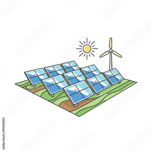 Renewable energy park featuring solar panels and a wind turbine under a bright sun, set against a rural backdrop with rolling hills and sparse vegetation