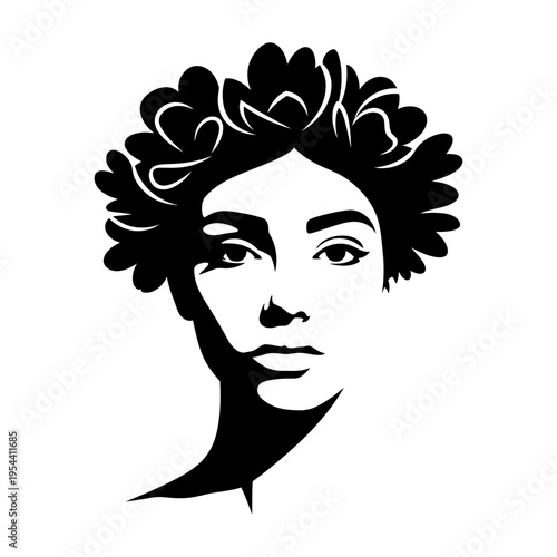 Woman Silhouette with Floral Hair Afro Crown Vector Illustration