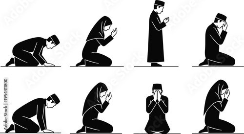 Muslim man and woman praying silhouettes set Islamic prayer positions performing salah worship Ramadan religion vector illustration collection