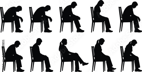 Silhouette illustration of people sitting in chairs, slouched posture, depression concept, sadness, fatigue, loneliness, mental health awareness, emotional stress vector art