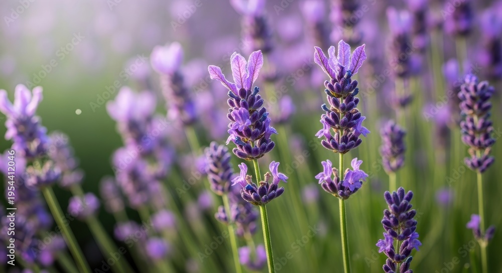 Naklejka premium Close-up of vibrant purple lavender flowers blooming in a sunlit field, showcasing delicate petals and green stems, ideal for natural beauty and aromatherapy themes