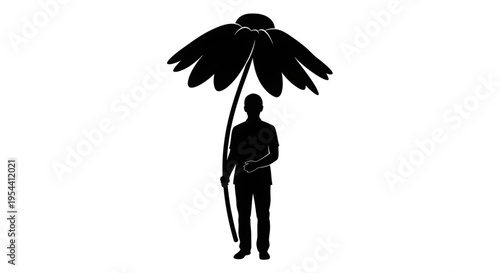 silhouette of a man holding a large flower as an umbrella representing protection and nature
