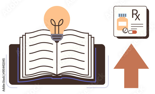 Education, innovation, healthcare, medical guidance, pharmaceutical learning, and progress. Open book with glowing lightbulb, Rx icon and upward arrow. Education and innovation concepts