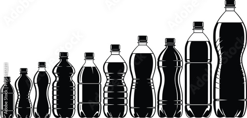 Plastic beverage bottle silhouettes in various shapes and sizes isolated vector collection for water soda packaging recycling design