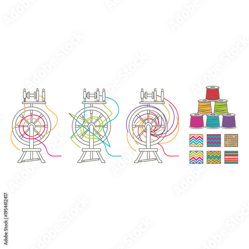 Line art illustrations of spinning wheels, thread, and fabric swatches representing textile creation and craftsmanship