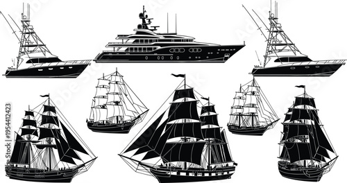 Set of sailing ships pirate ships and luxury yachts nautical maritime vessels silhouettes ocean transport vector illustration collection
