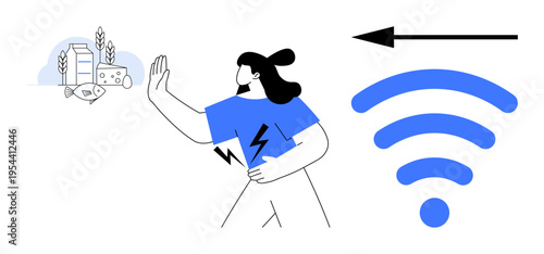 Digital connectivity concept highlighting wireless integration and sustainable solutions. wireless symbol, woman gesturing against sustainable farming practices. Useful for digital tech, IoT