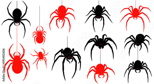 Hanging Spiders Silhouette Collection - Black and Red Halloween Decoration Elements