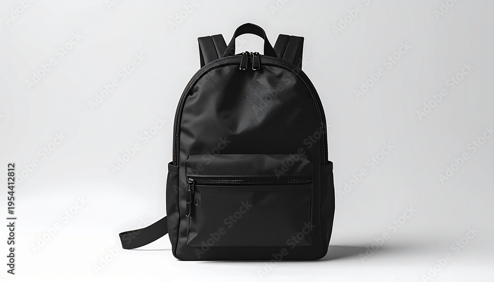 Fototapeta premium A black backpack is standing alone on a white surface in front of a white background