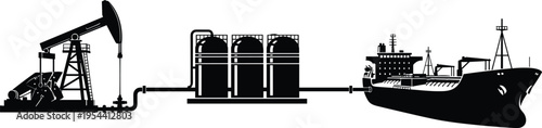 Vector illustration of oil supply chain, pumpjack extraction, pipeline transport, storage tanks, tanker ship loading, petroleum industry infrastructure, energy production concept artwork